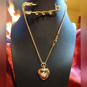 Vintage Joan Rivers (?) Puffy Heart With Faux Pearls Necklace - Swarovski Chain